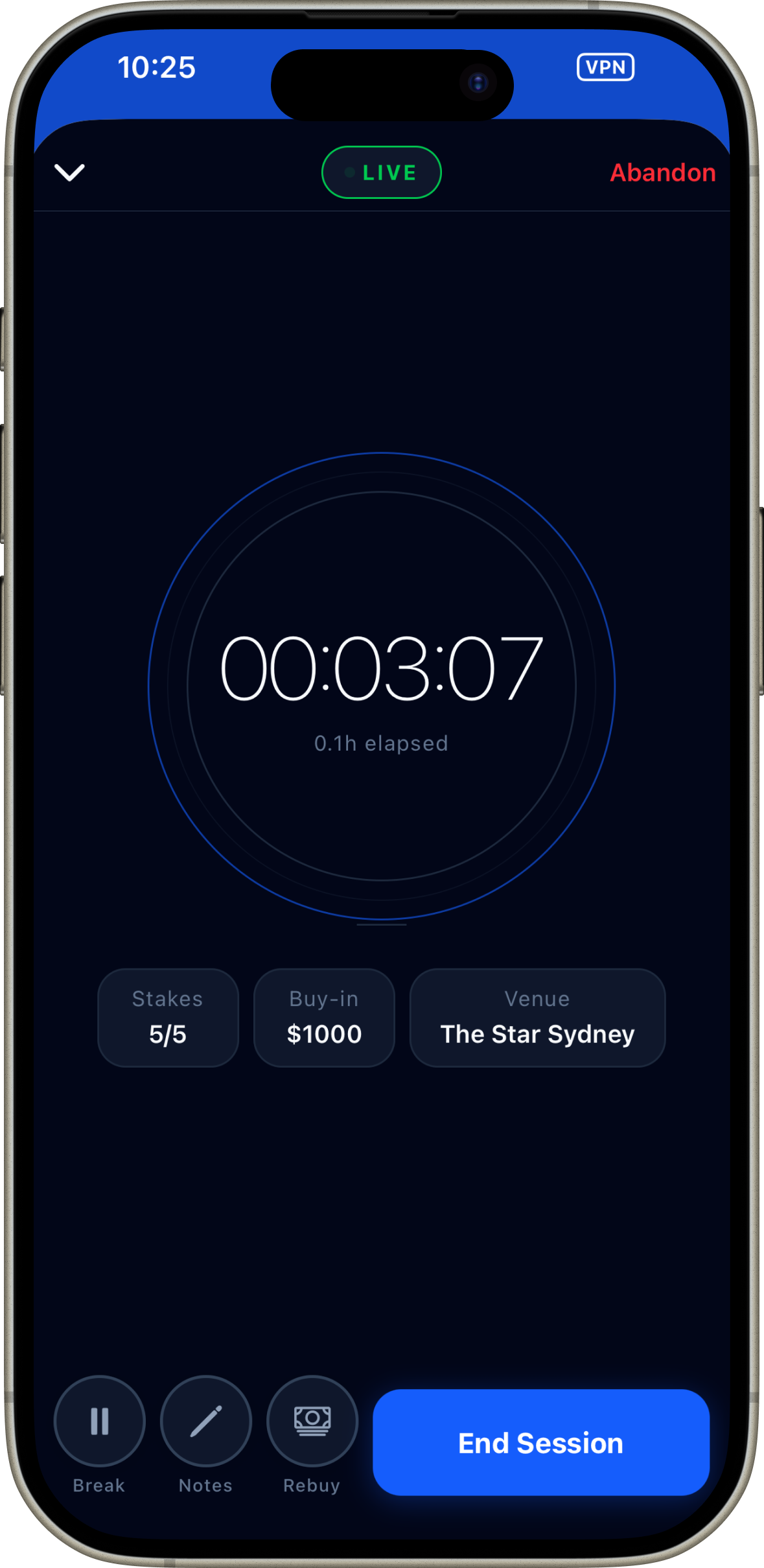 Stakemate live session timer